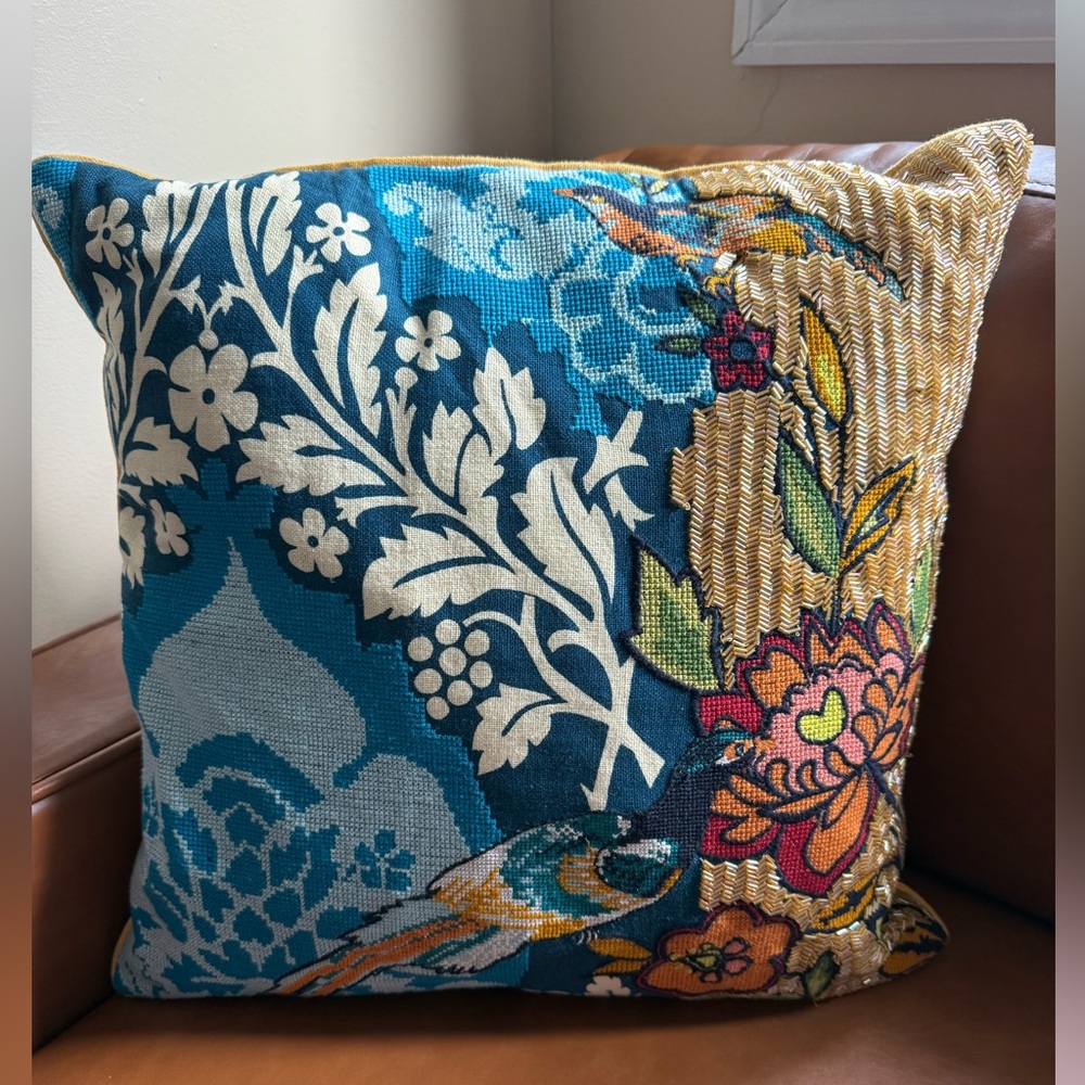 Birds Flowers Beaded Embroidered Throw Pillow 18” Blue Orange Feather Down‎